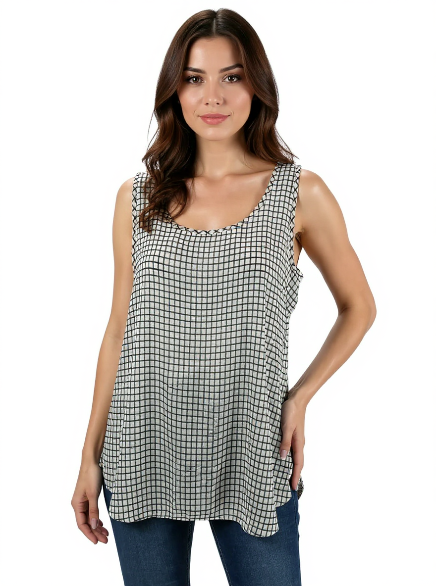 Loft White/Black Checkered Pre-Owned Ladies Top - Size Large Petite