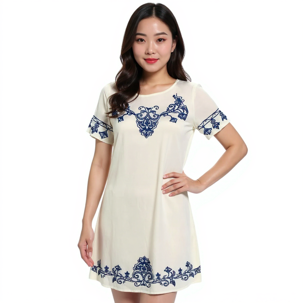 Lulus – White/Blue Embroidered Ladies Pre-Owned Dress - Size Small
