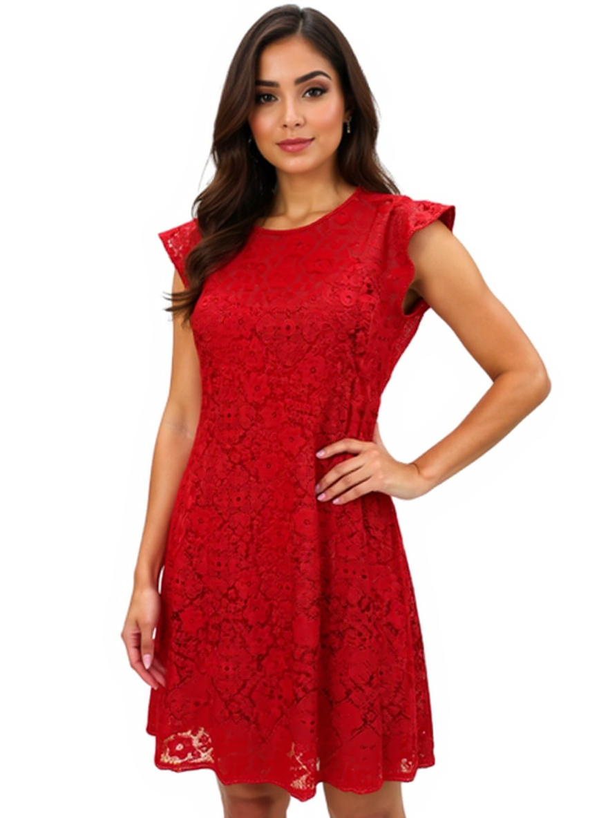 Michael Kors red lace pre-owned ladies dress in size medium, featuring cap sleeves and A-line silhouette, ideal for cocktail or party wear.