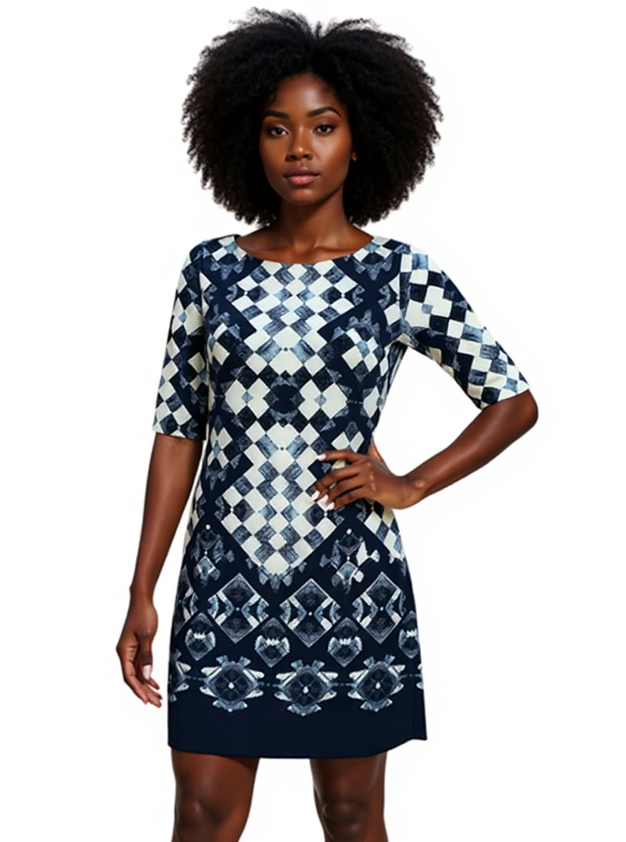 Eliza J geometric print shift dress in navy and ivory with 3/4 sleeves and boat neck, size 2. Ideal for career, cocktail, or casual wear.