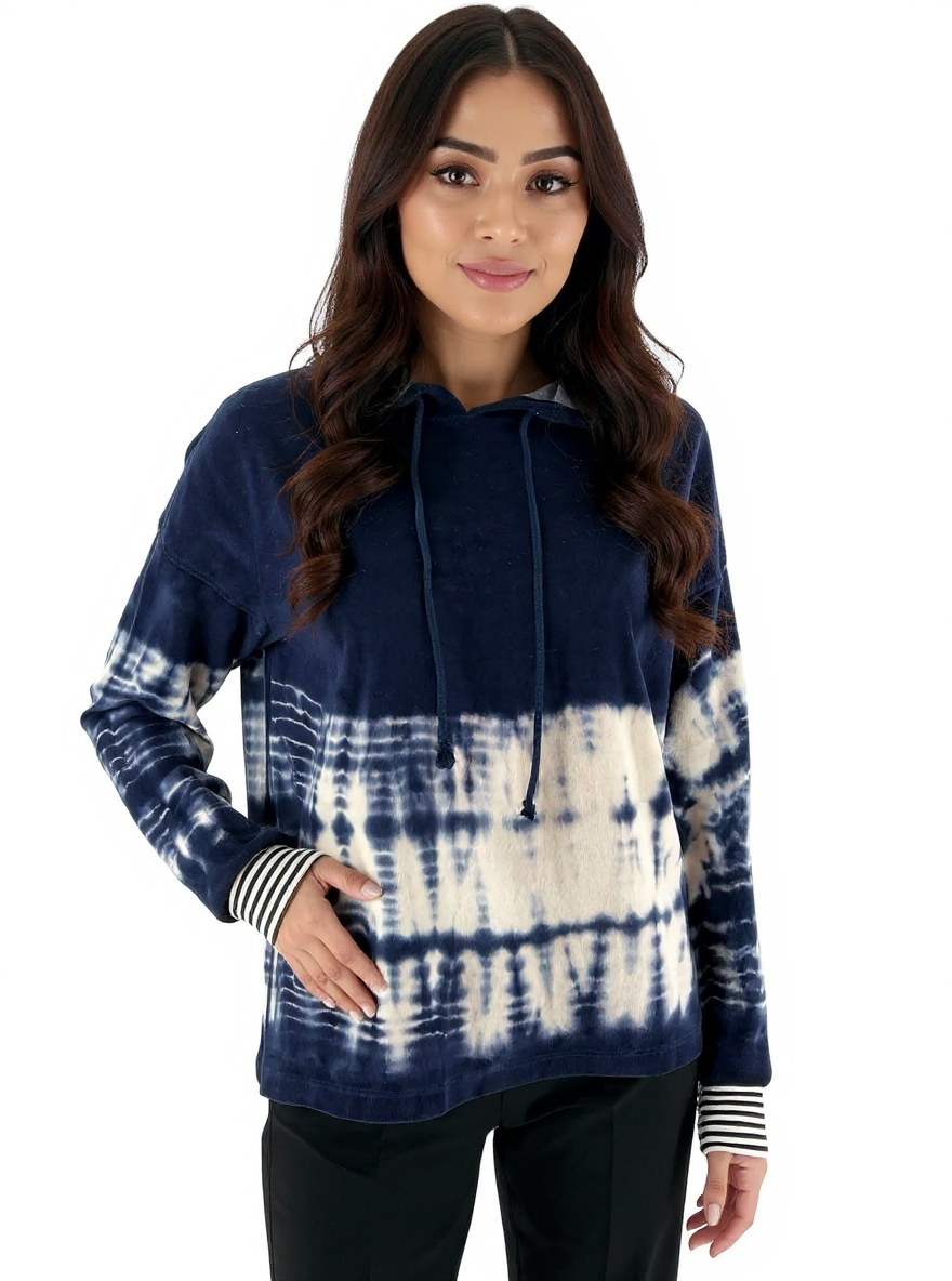 Navy and white tie-dye Splendid pullover hoodie for women, size small, perfect for casual coastal loungewear.