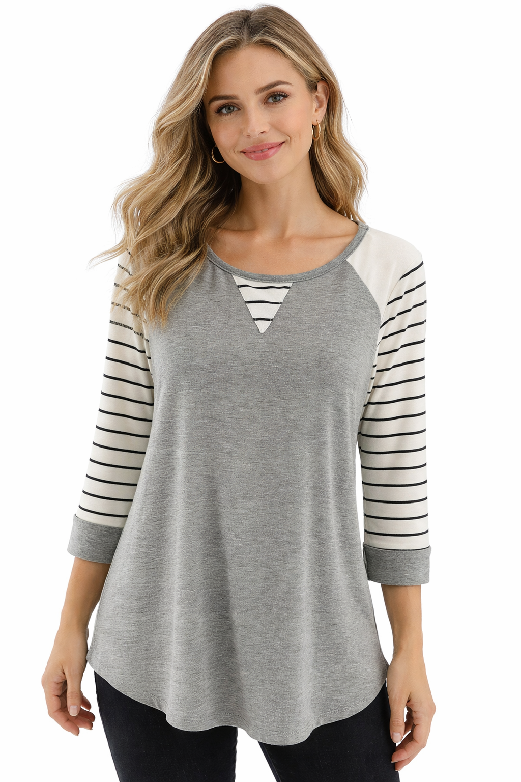 Pink Clover gray and white striped casual top for ladies, size XL, featuring a comfortable fit and relaxed style.