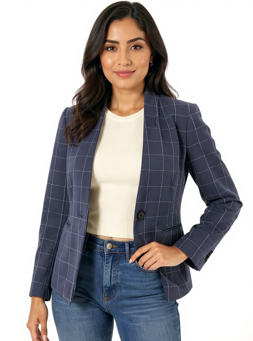 Ann Taylor Navy/White Checkered Pre-Owned Ladies Blazer - Size 00 Petite