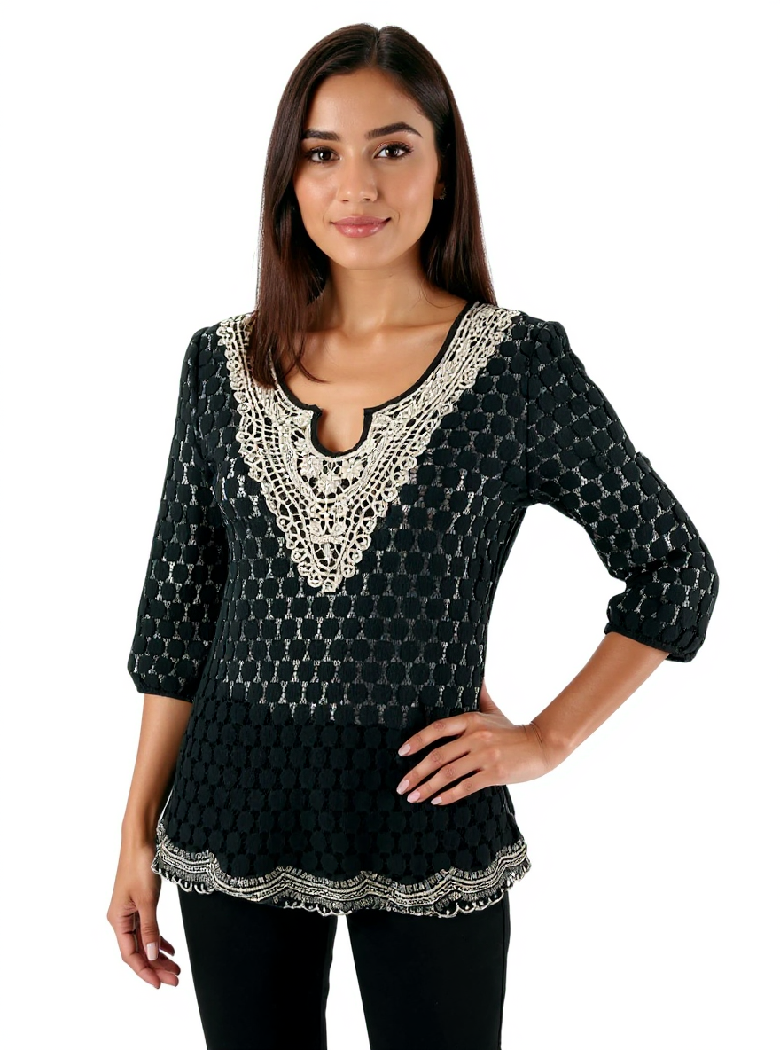 Pre-owned Solitaire black lace ladies top in size small, featuring a bohemian, casual design perfect for festivals.