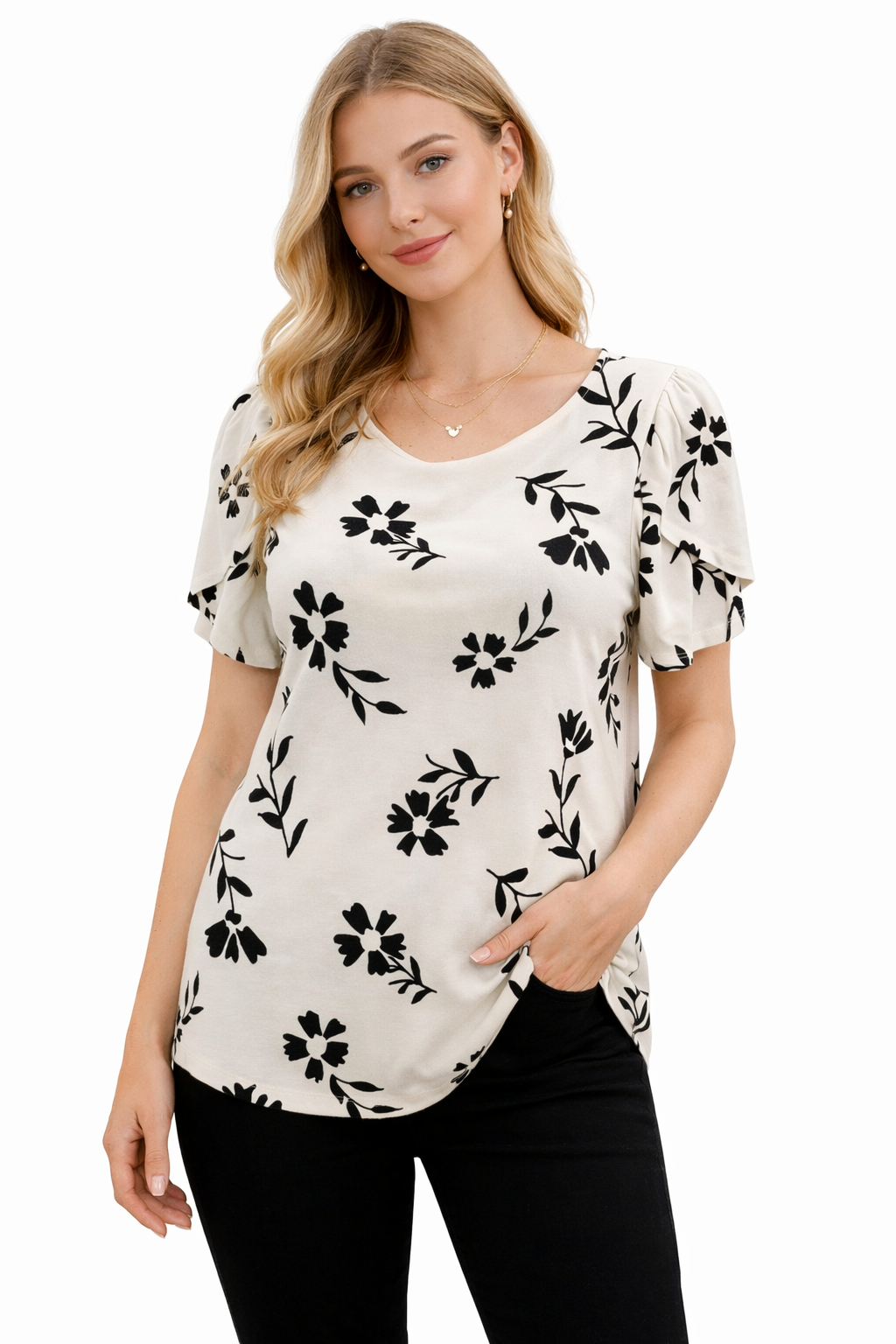 Ann Taylor White/Black Floral Pre-Owned Ladies Top - Size Medium