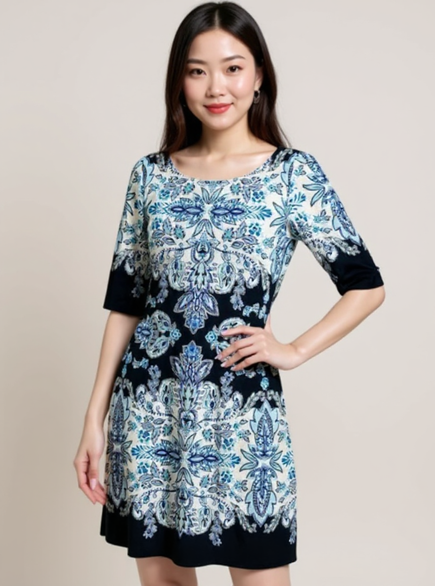 Eliza J Navy/White/Aqua Pre-Owned Ladies Dress - Size 4
