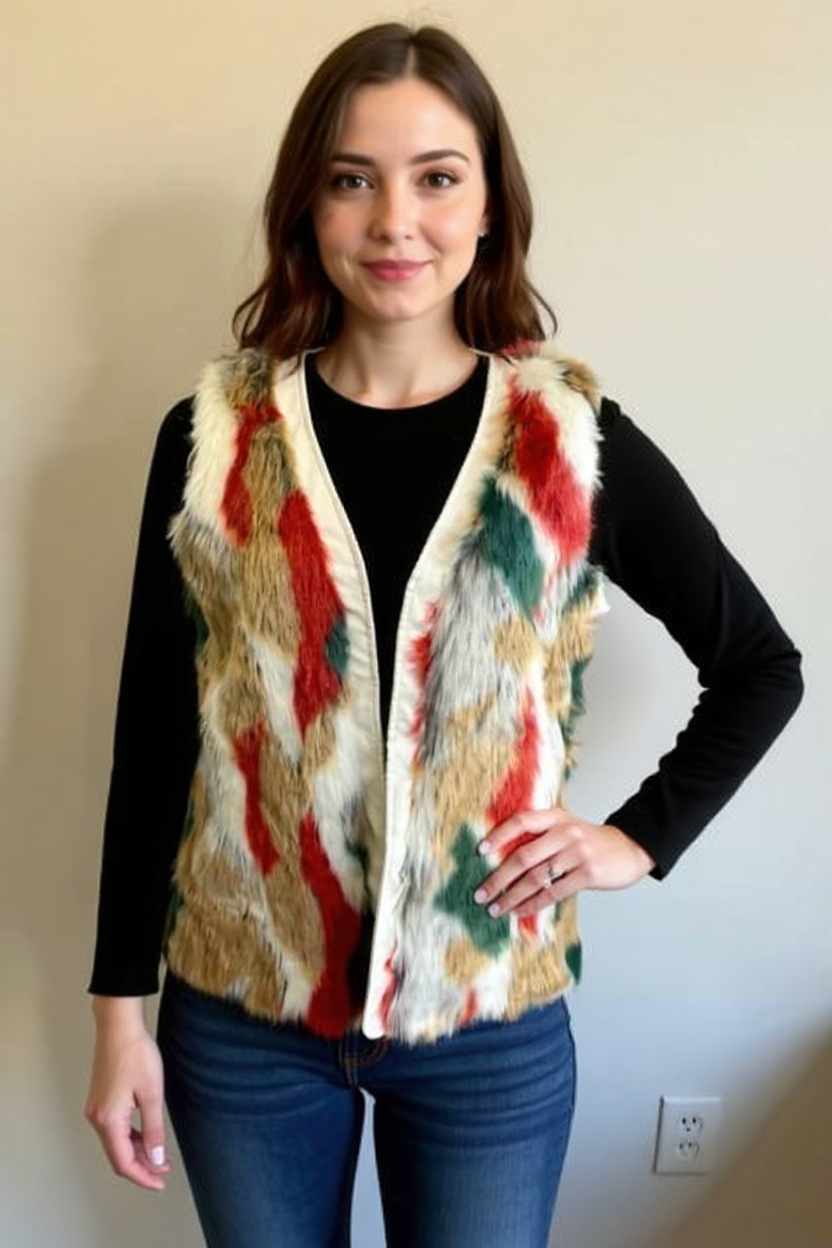 Gracia Cream/Orange/Green Pre-Owned Ladies New with Tags Fur Vest -Size Small