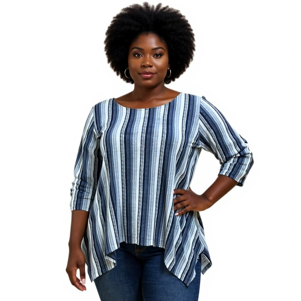 For The Republic Blue/White Striped Pre-Owned Ladies Top - Size 2XL