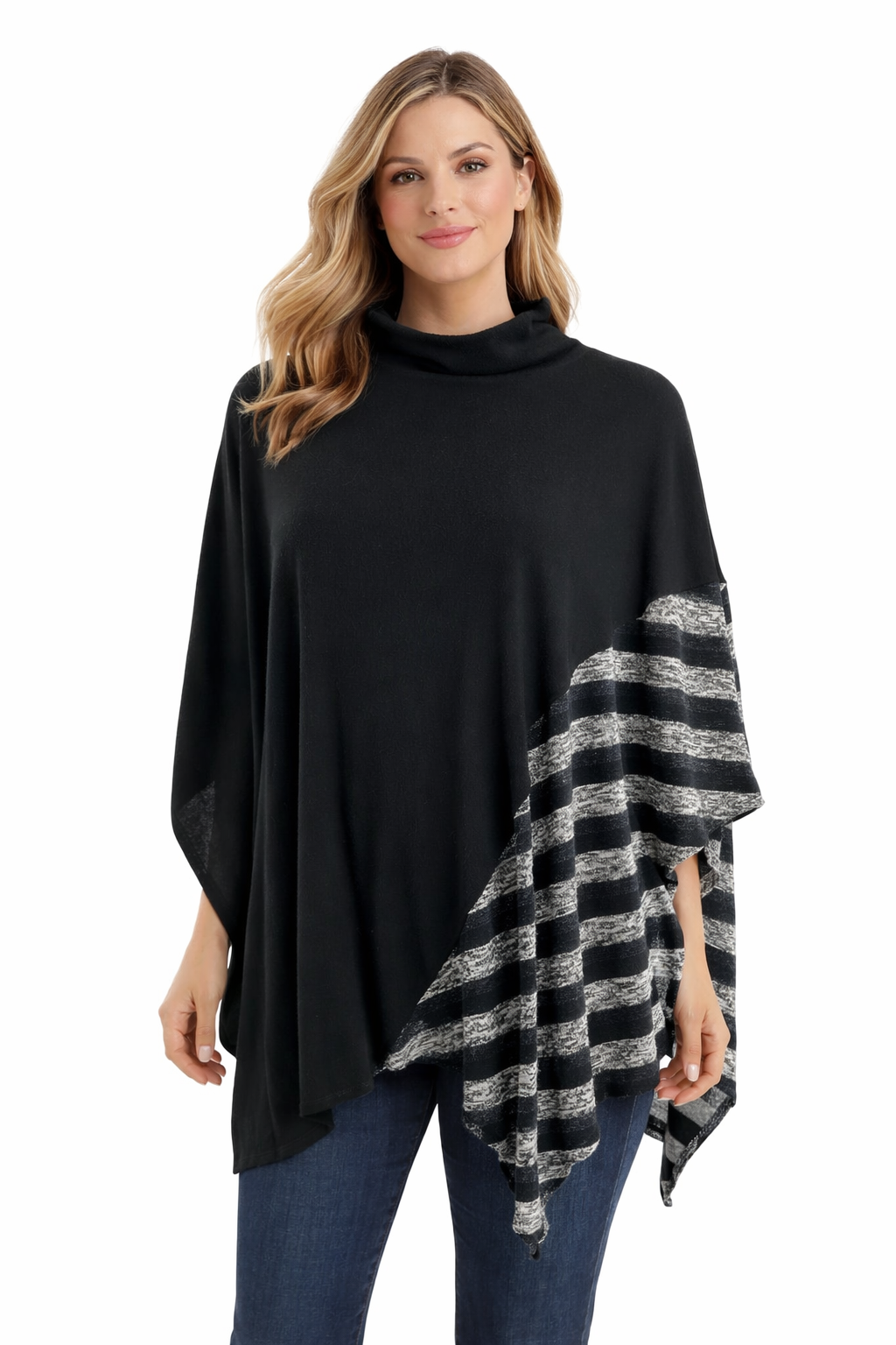 Truth & Style Black/Geather Gray/Heather Cream Stripe Pre-Owned Ladies Poncho -  Size 3X