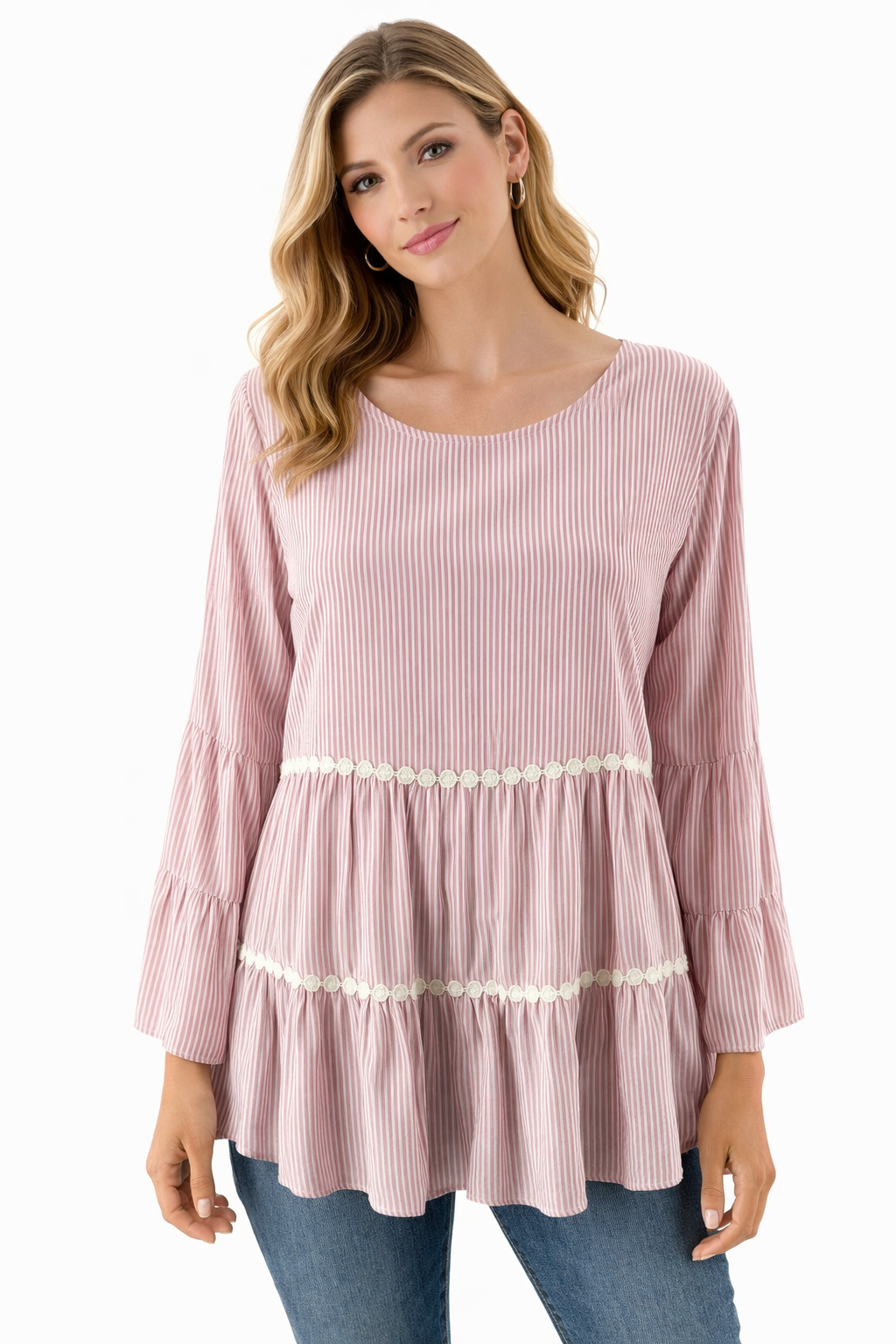 Duffield Lane - pink/white Stripe Pre-Owned Ladies Casual Top - Size Large