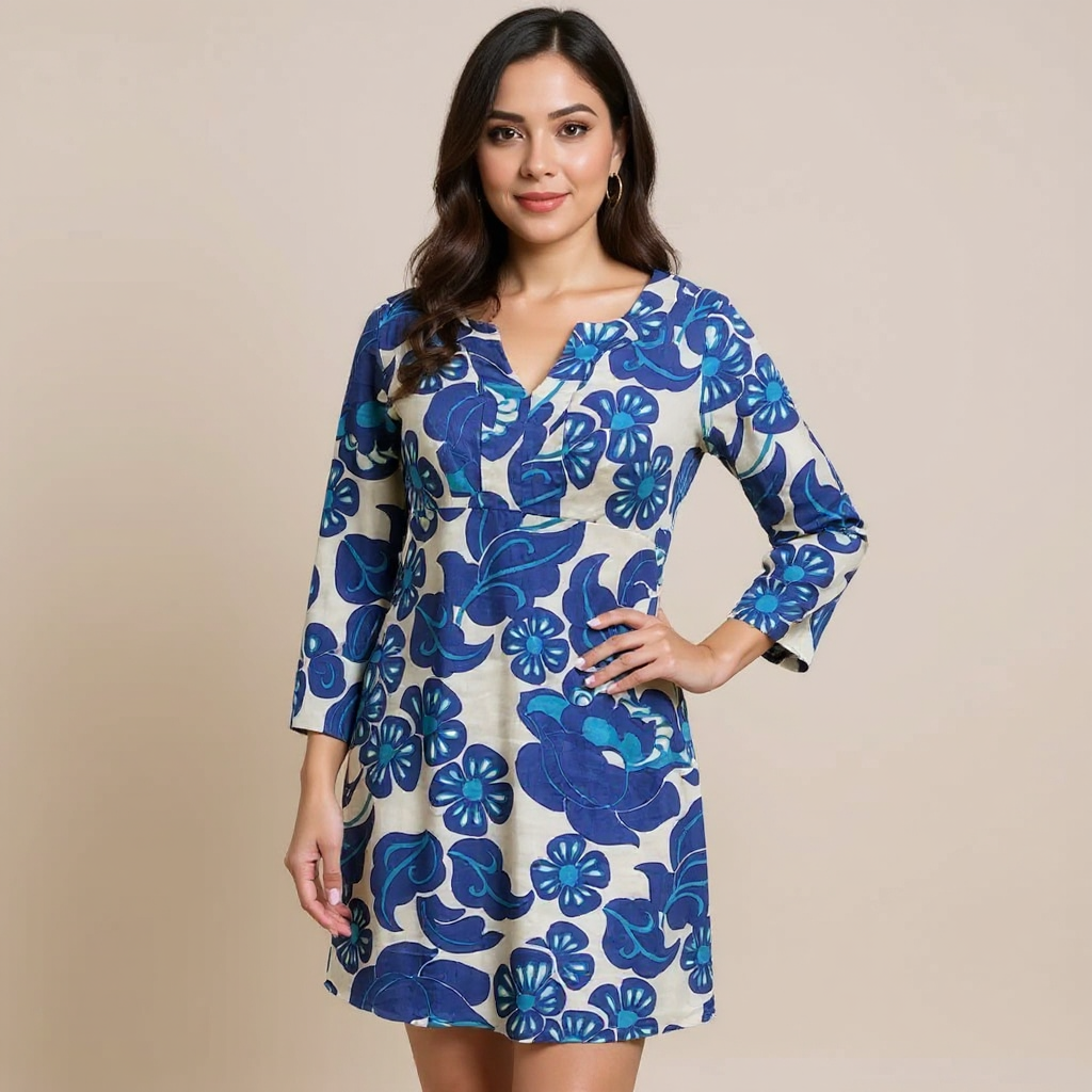 Boden Blue/Beige Floral Pre-Owned Ladies Dress - Size 6