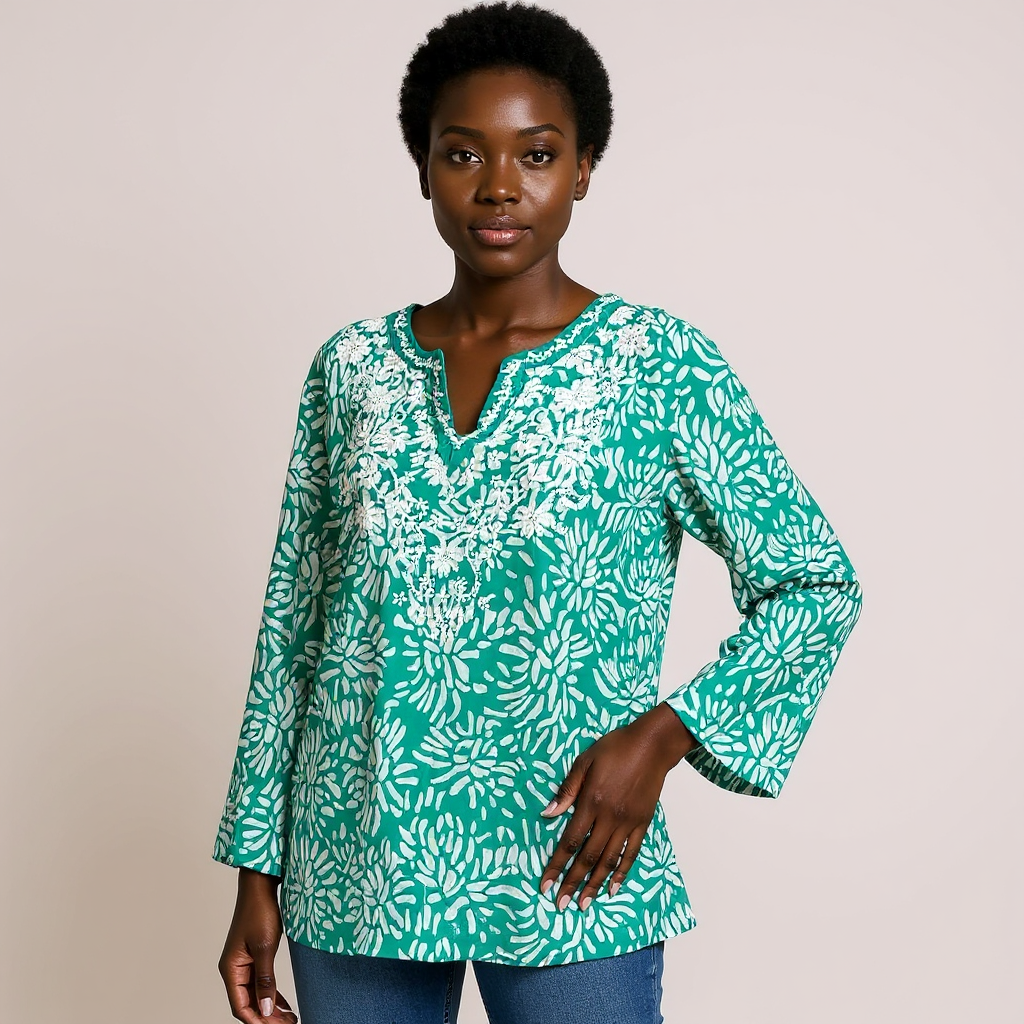 Charter Club Green/White Print Pre-Owned Ladies Casual Top - Size Large