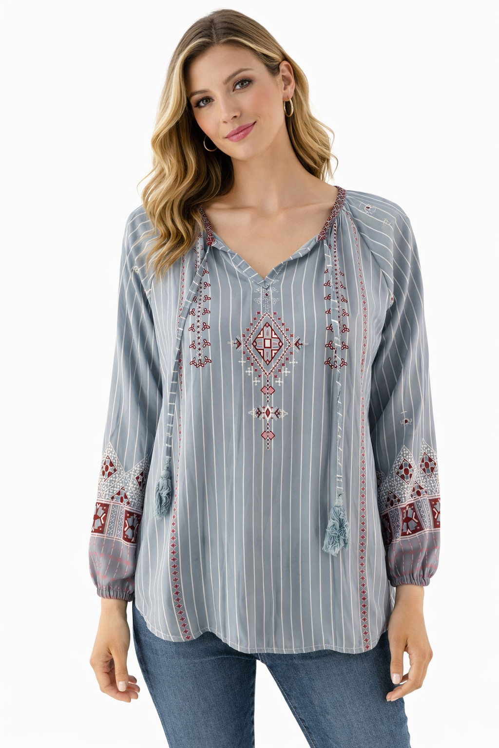 No Brand - blue/maroon Stripe Pre-Owned Ladies Casual Top - Size Medium