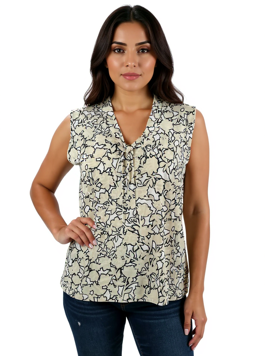 Jones New York Tan/White Print Pre-Owned Ladies Top - Size Petite Large