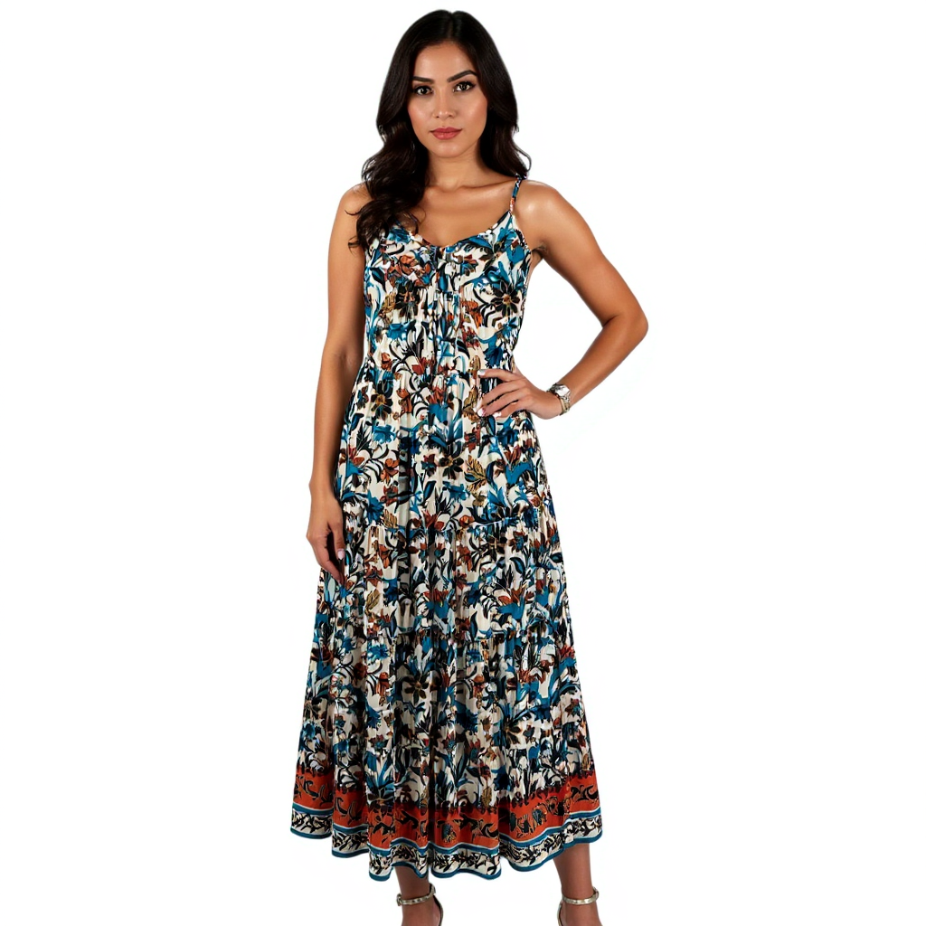 BOG Collective Tan/turquoise Floral Pre-Owned Ladies Dress - Size XS