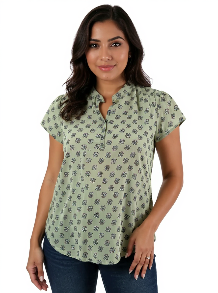 J Jill Green Floral Pre-Owned Ladies Top - Size XS Petite