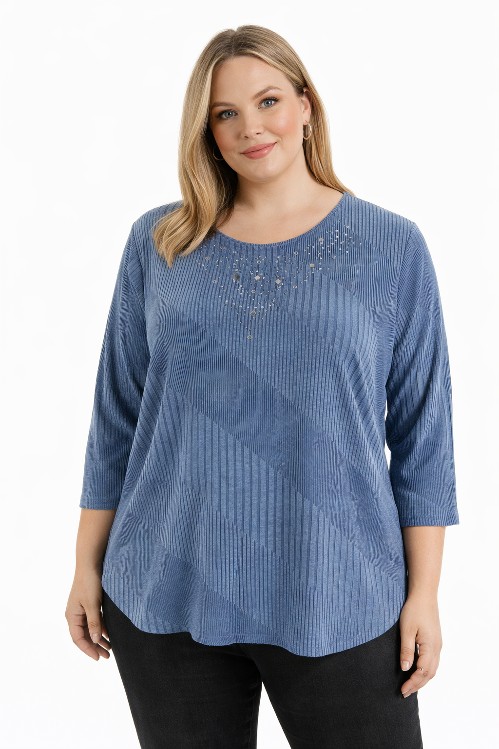 Allison Daley Slate Blue Studded Pre-Owned Ladies Short Sleeve Top - Size 2X