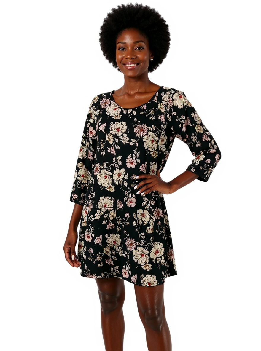 Made With Love Black/Cream/Pink Floral Pre-Owned Ladies Dress - Size Small