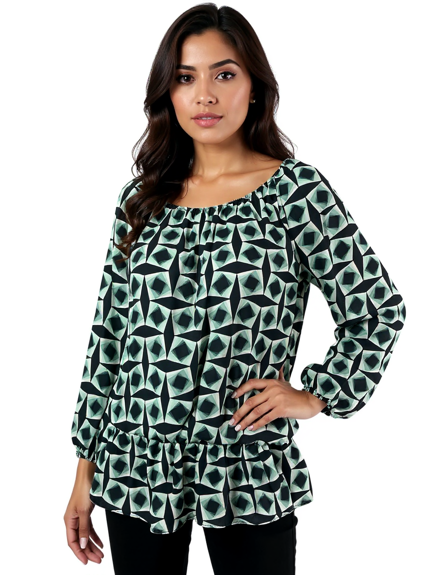 Vince Camuto Navy/Mint Green Print Pre-Owned Top - Size Large