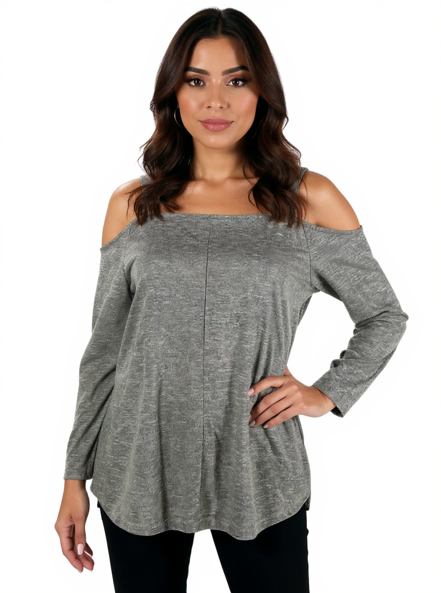 Gray heathered Venus cold shoulder tunic top for ladies, medium size, featuring long sleeves and a swing style.