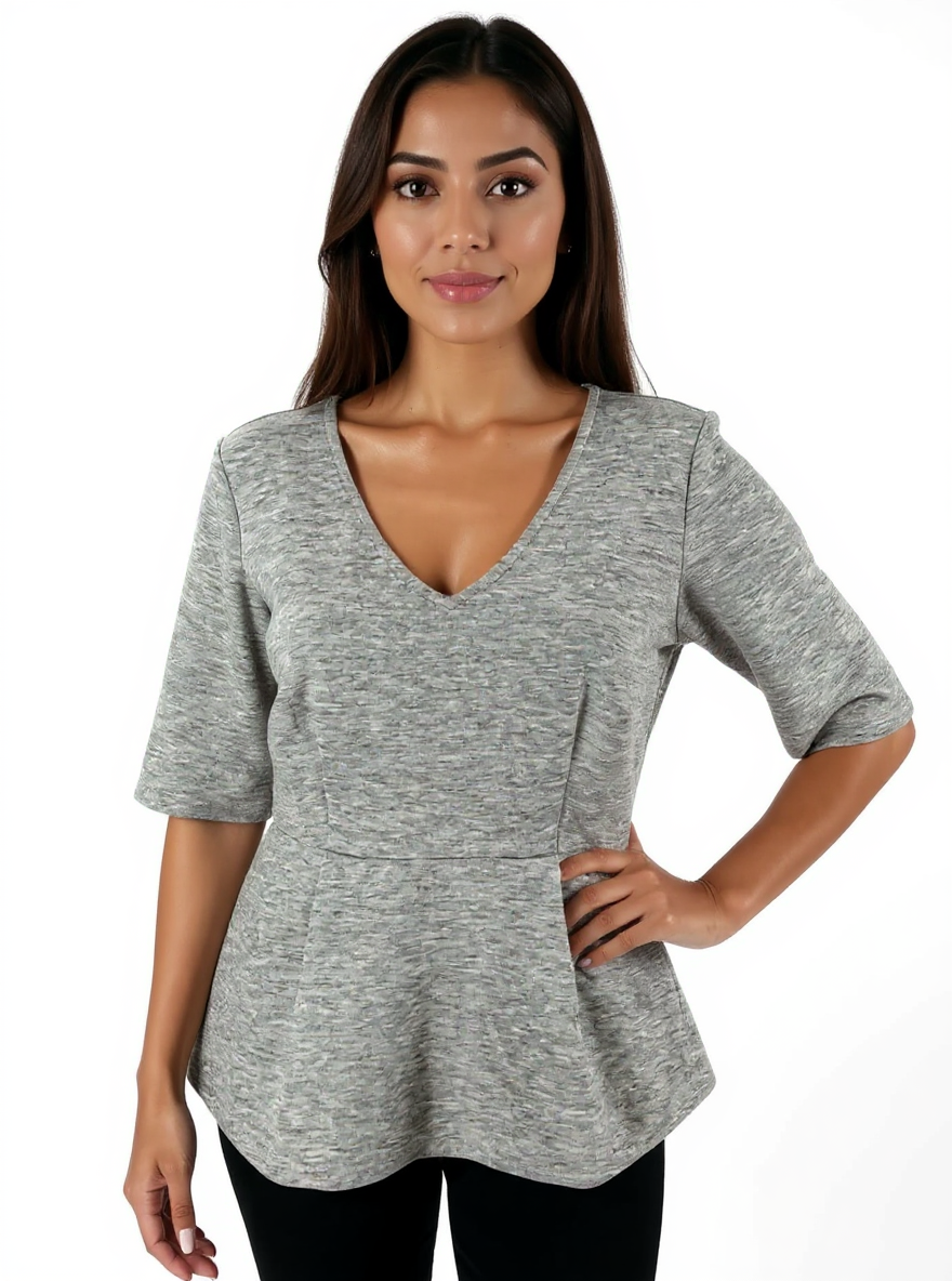 Gray heathered Ann Taylor peplum top with V-neck, size small, suitable for business casual wear.