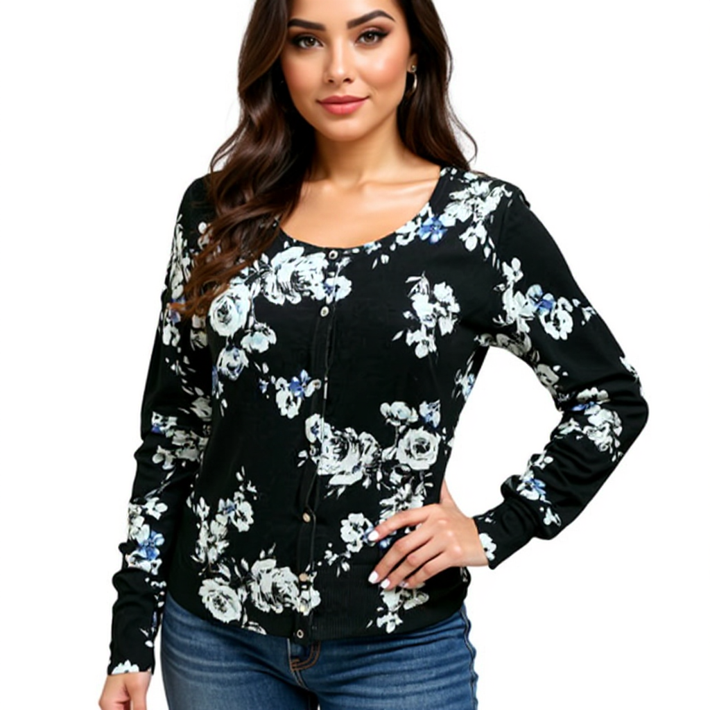 White House Black Market Black/White Floral Pre-Owned Ladies Top - Size Medium