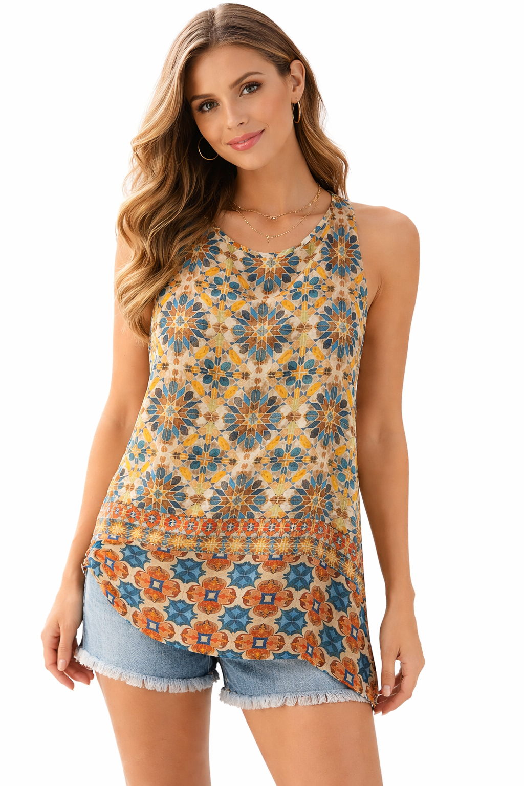 Antibes Blanc - tan/blue/orange Print Pre-Owned Casual Top - Size Large