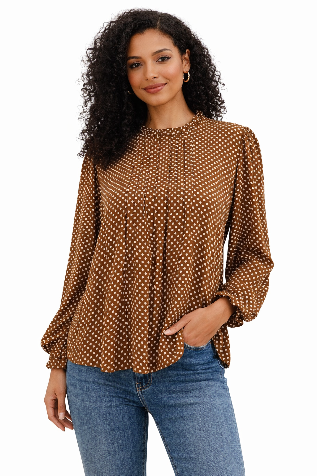 Loft Camel/Cream Polka Dot Pre-Owned Ladies Top - Size Medium