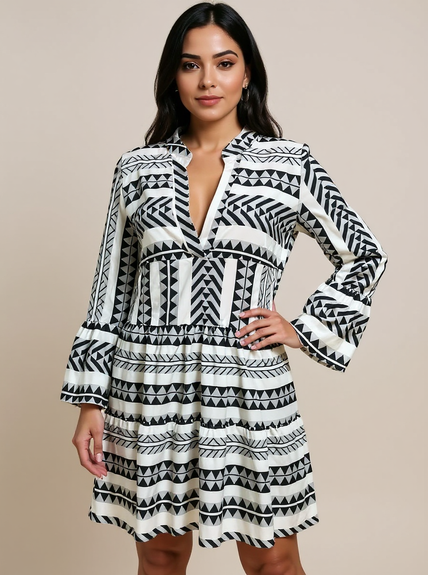 Sunday Up White/Black Print Ladies Pre-Owned Dress - Size Small