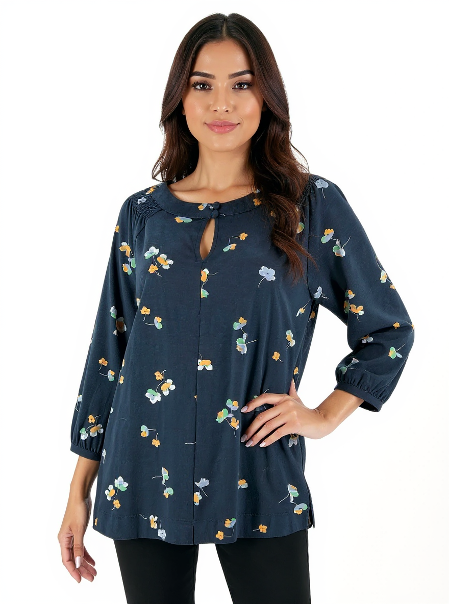 J. Jill pre-owned navy, yellow, and green floral tunic top with pintuck detailing, size small, casual bohemian style.