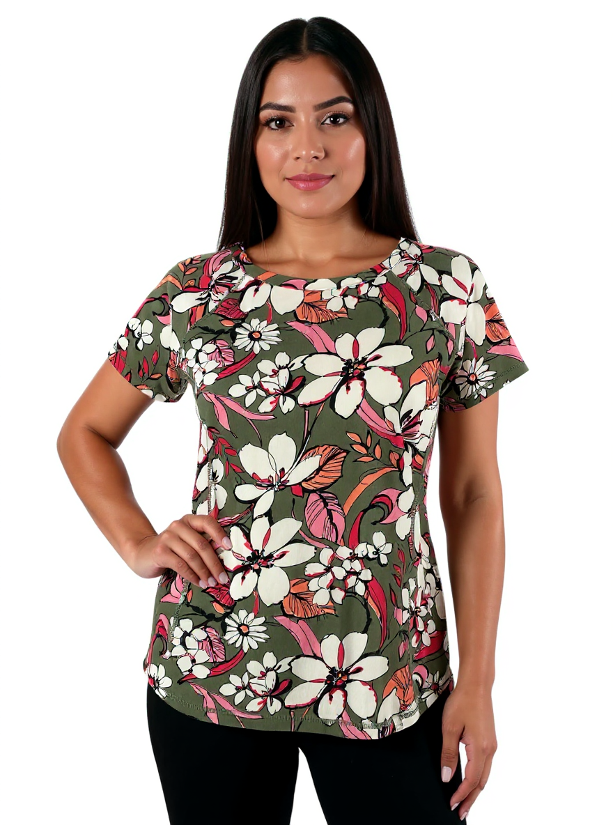 Talbots casual knit tee in olive, pink, and white floral design, crew neck, short sleeve, size small petite.