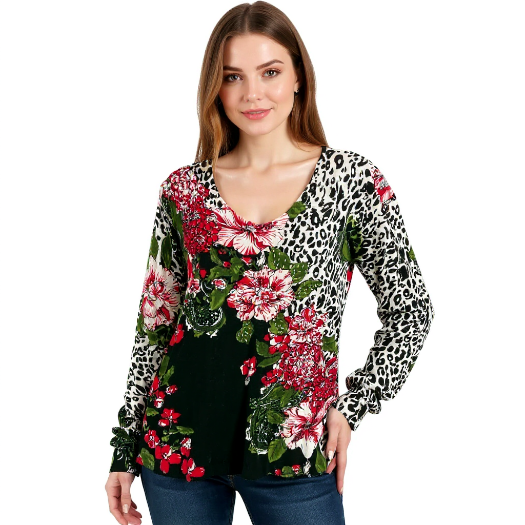 Joni B White/Black/Red Floral Pre-Owned Ladies Top -  Size Large
