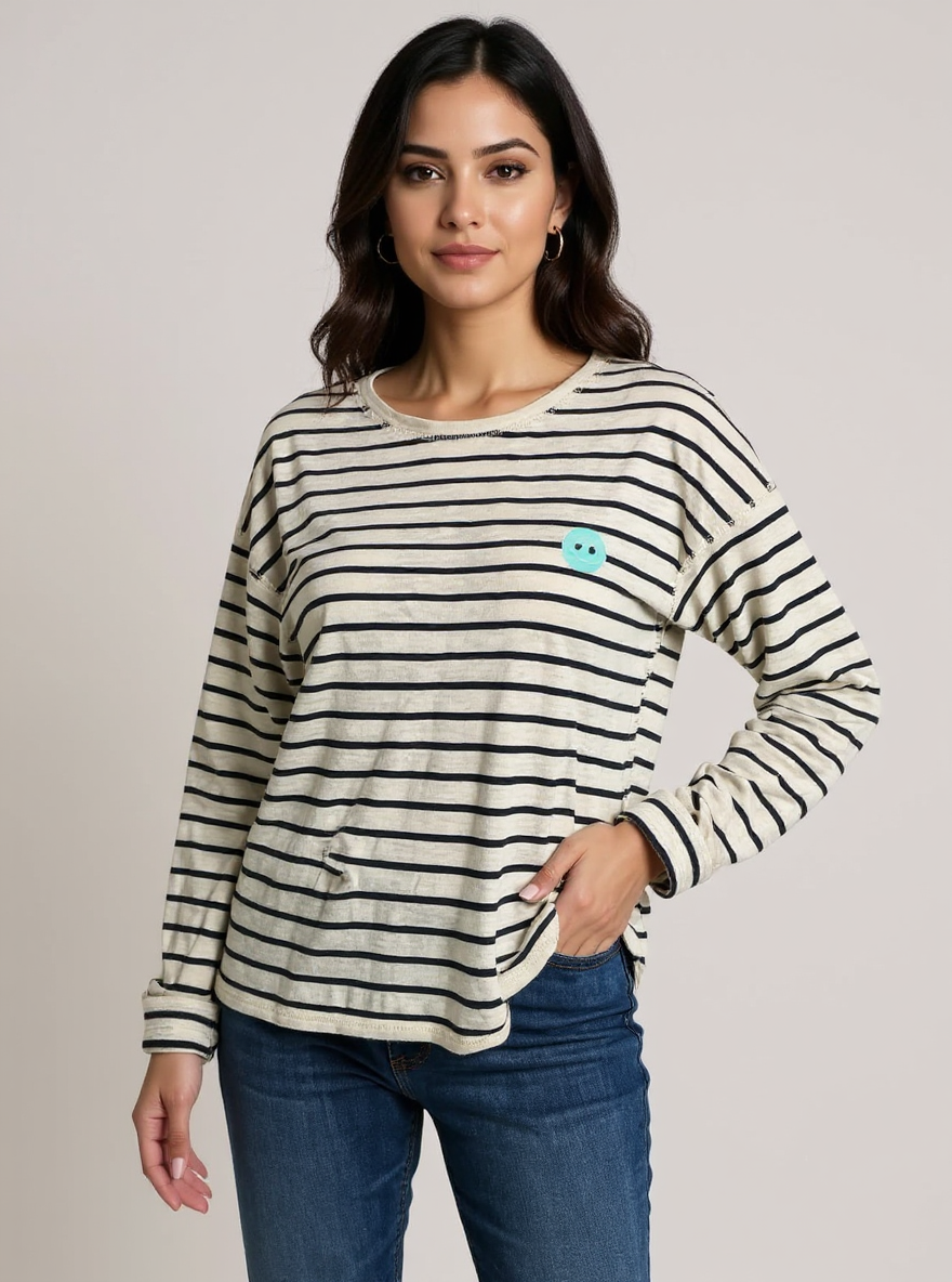 Marine Layer Cream/Navy Stripe Pre-Owned Ladies Top -  Size Large