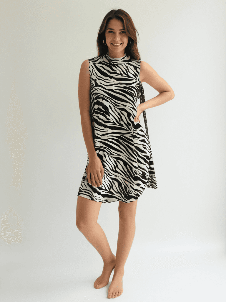 Tiana B. Dress Size Medium in white and black zebra print, sleeveless and knee-length, modeled for Margaret’s Fine Consignments.