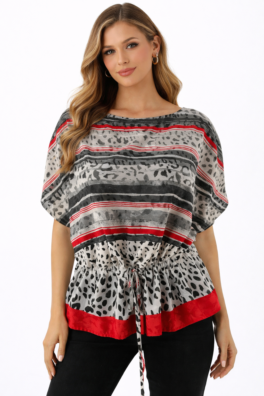 Ruby Rd - White/black/red Print Pre-Owned Ladies Casual Top - Size Large