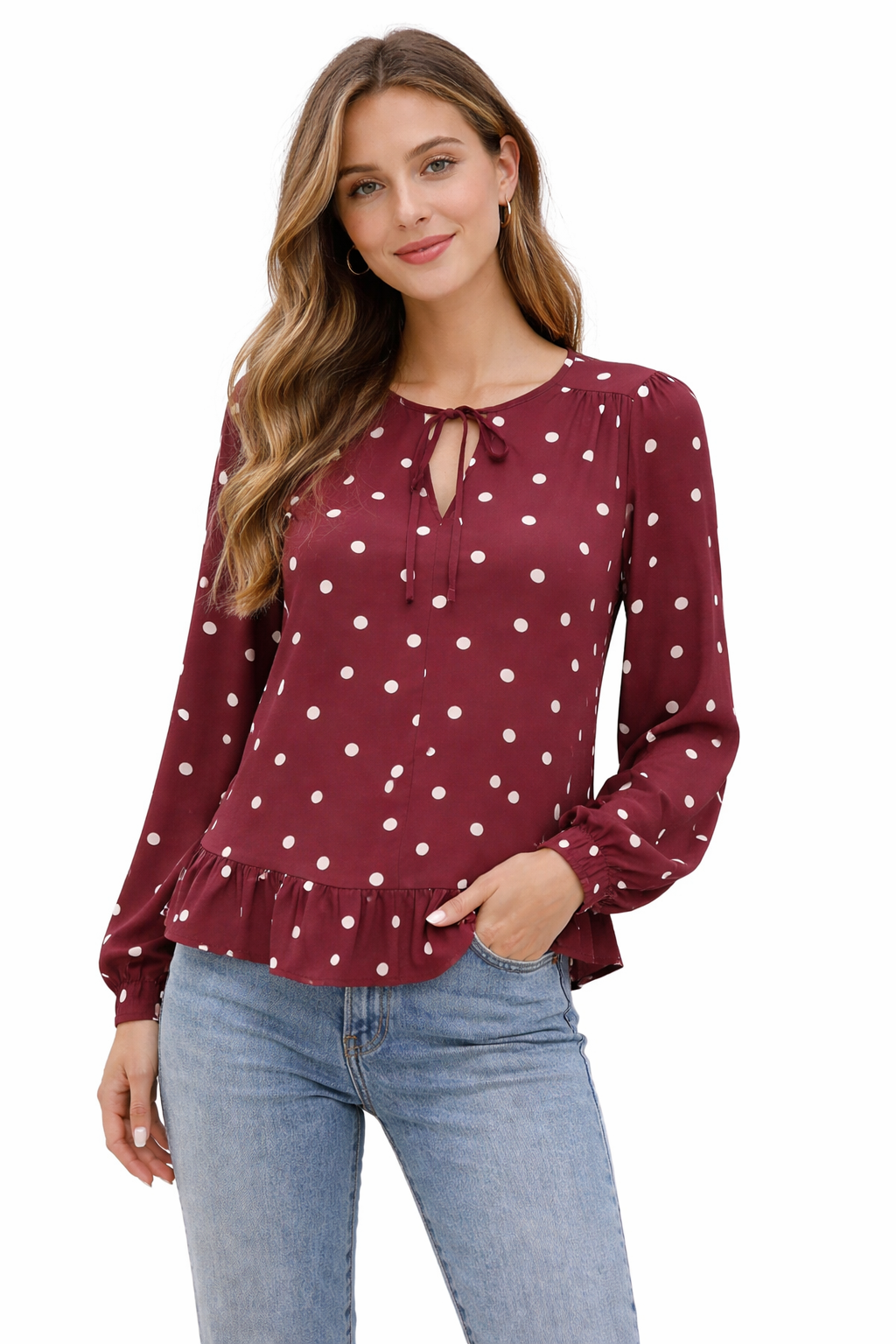 Loft Burgandy/Pink Polka Dot Pre-Owned Ladies Top - Size Small