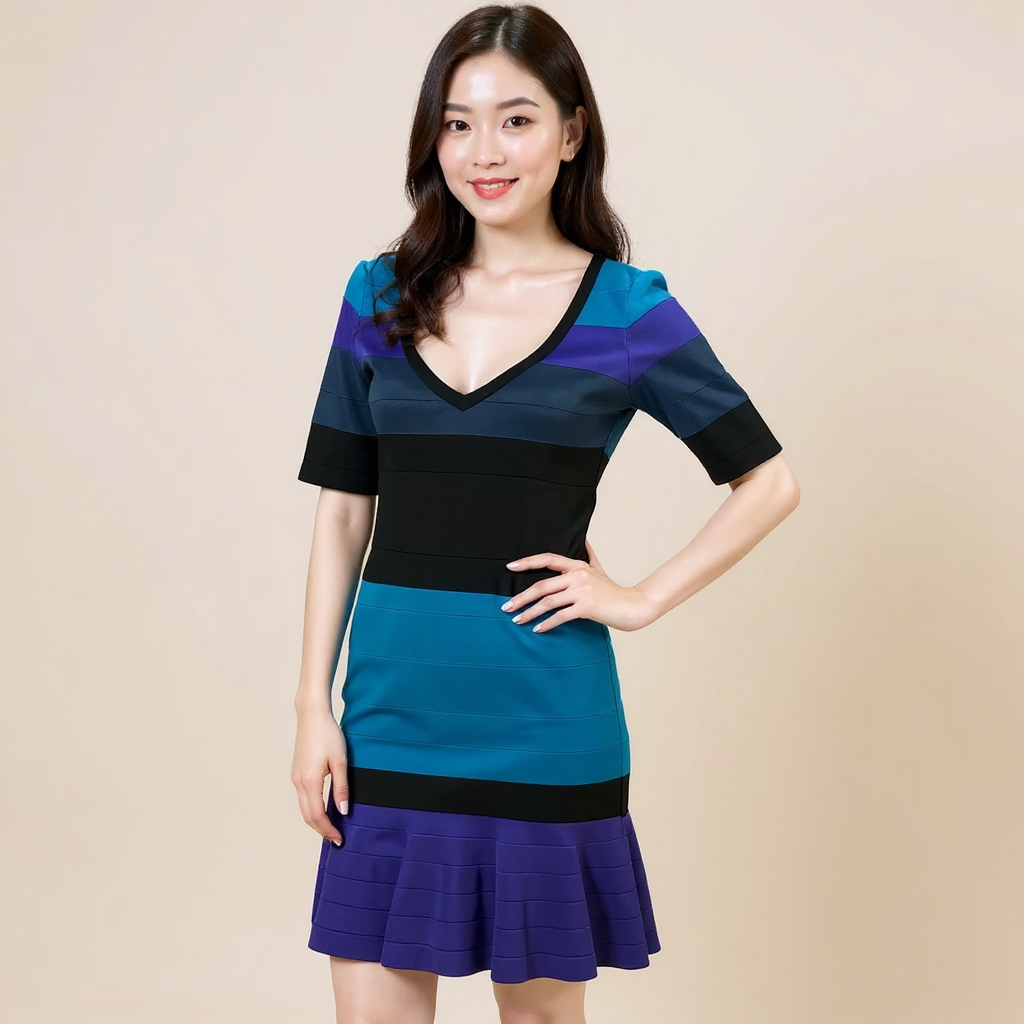 Venus Teal/Purple/Black Striped Pre-Owned Ladies Dress - Size Small