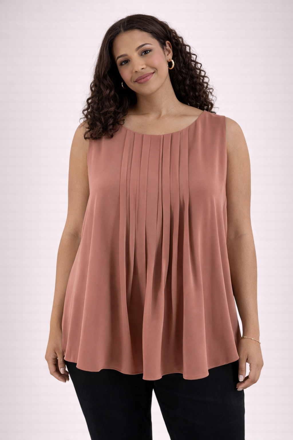 Ann Taylor salmon sleeveless blouse, swing top with high-low hem, pre-owned, size XL on a neutral background.