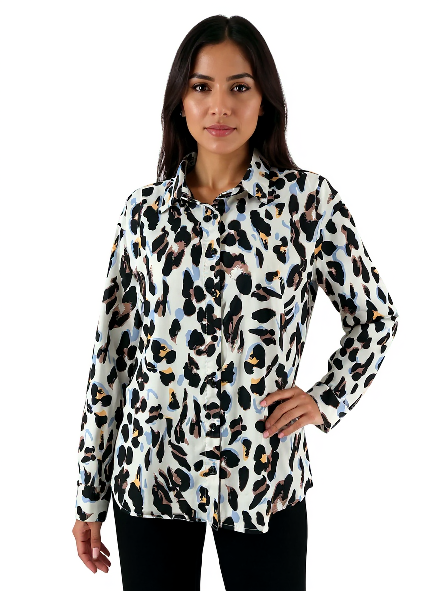 Beachsiss white and black animal print button-down blouse for women, size medium, featuring a classic collar and casual style.
