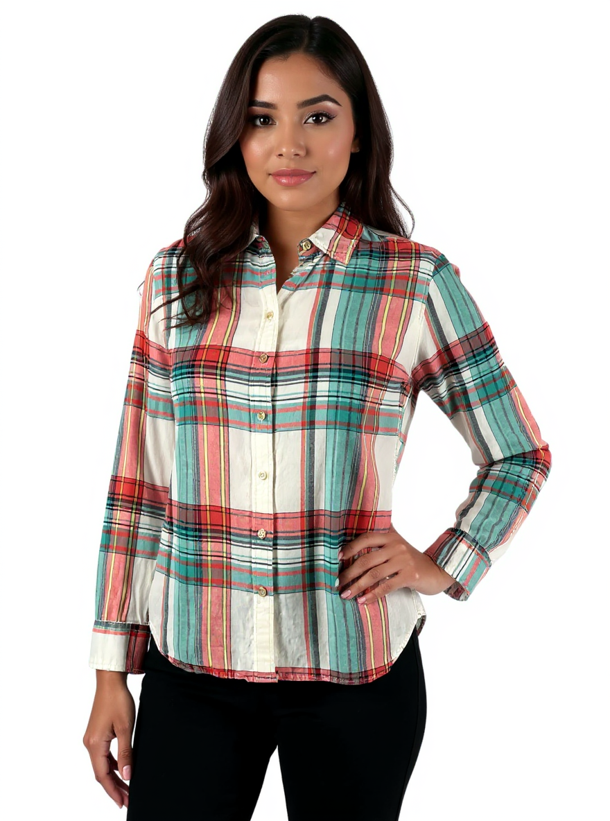 Talbots Aqua/Red Plaid Pre-Owned Ladies Top - Size Petite