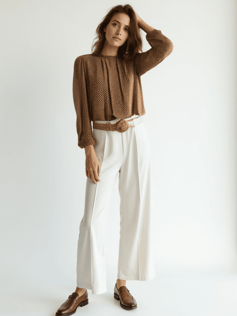 Model wearing Loft Top Size Medium in camel and cream polka dot design, styled with white pants and loafers at Margaret’s Fine Consignments.