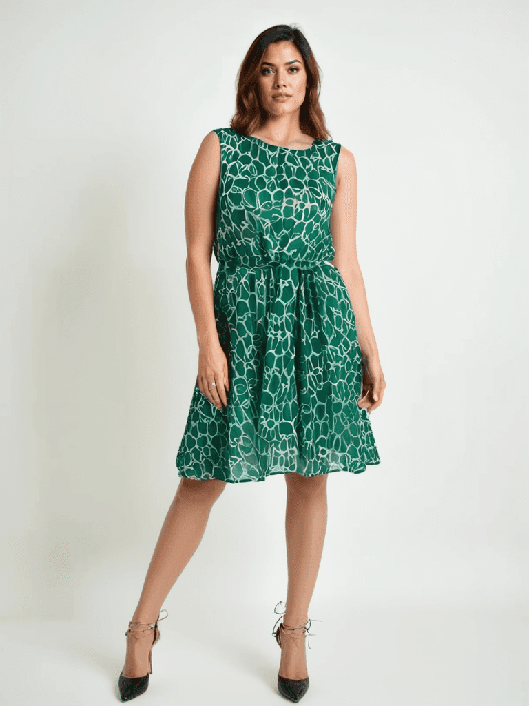 Banana Republic Dress Size 6 Petite in green and white print, sleeveless and belted, modeled for Margaret’s Fine Consignments spring collection.
