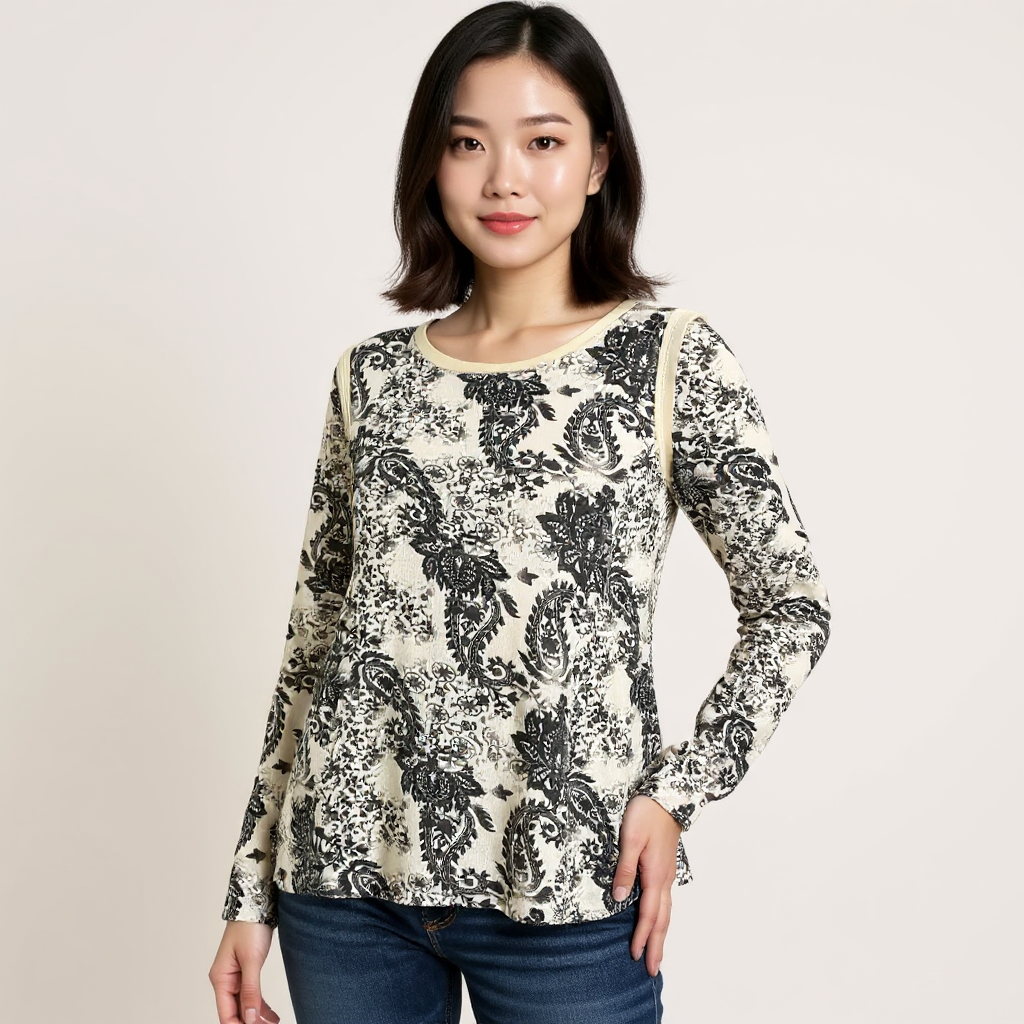 Rewind Gray/Cream Paisley Pre-Owned Ladies Top - Size Small