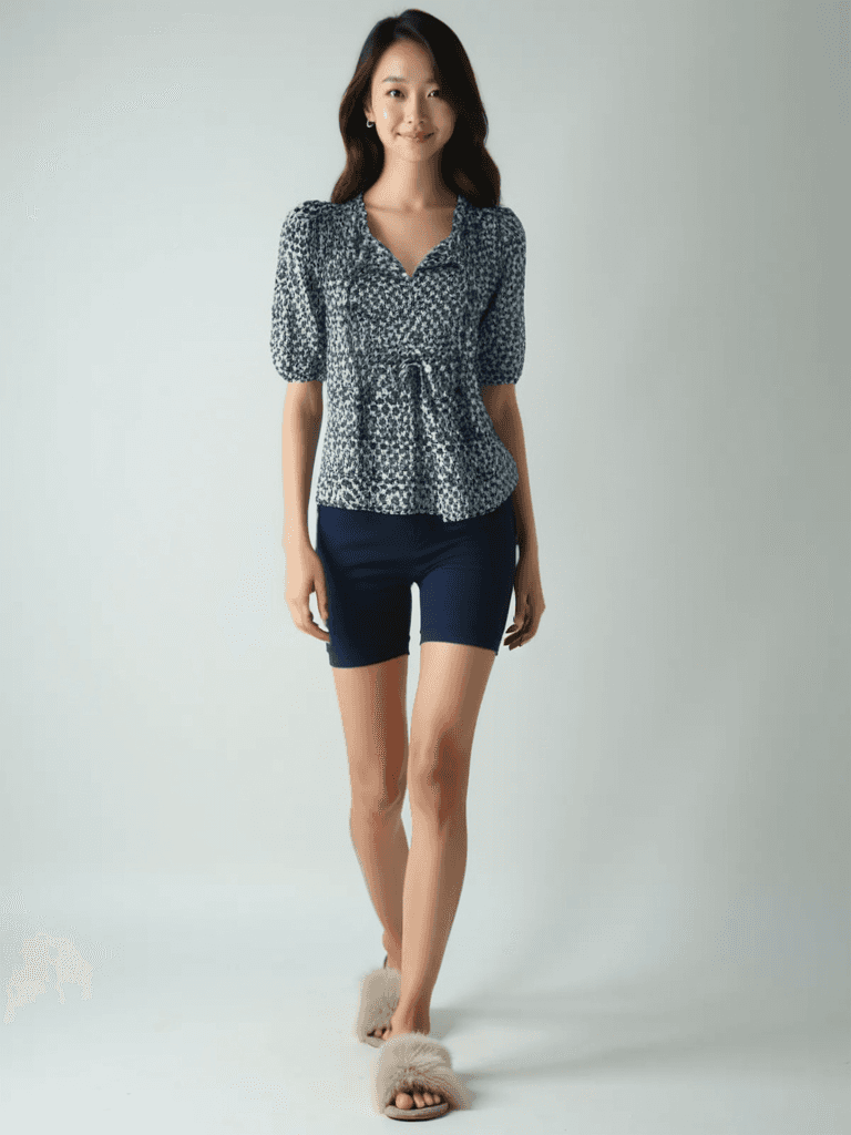 Model wearing LOFT Top Size XS in blue/white floral print from Margaret’s Fine Consignments. Casual short sleeve top styled with navy shorts.