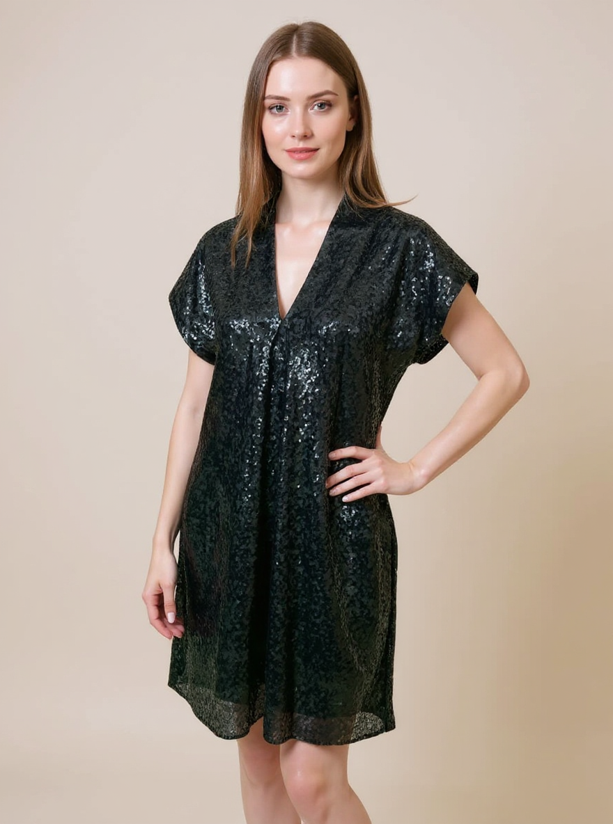 Johnny Was Black/Green Sequin Pre-Owned Ladies Dress - Size XS