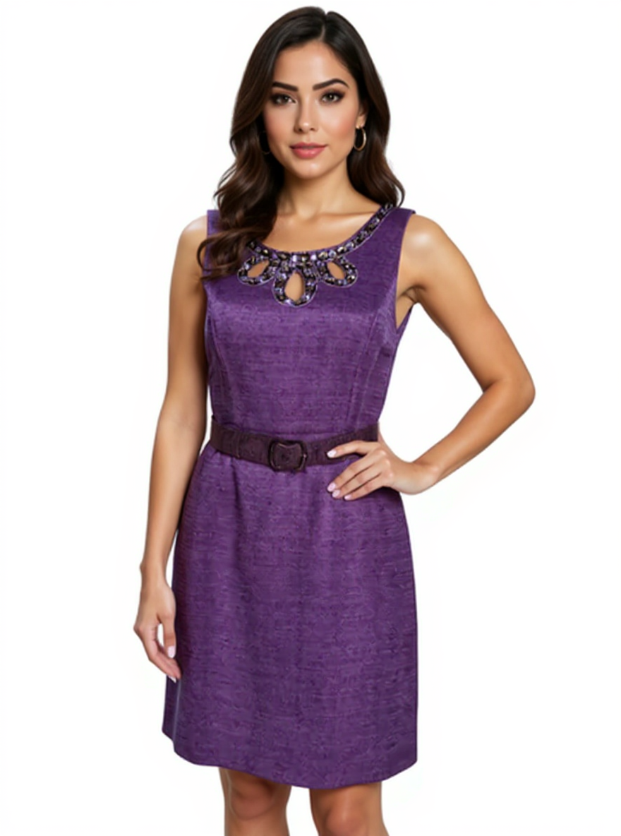 Antonio Melani purple rhinestone sheath dress in size 2, featuring a jewel neckline and belted waist, ideal for cocktail or business casual wear.