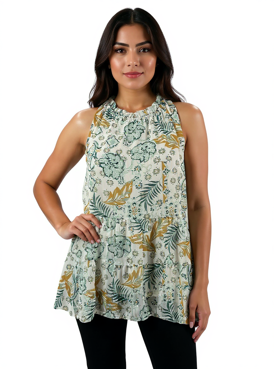 Teal and tan floral sleeveless tunic by Lily Star, featuring a high neck and tiered design, size large.