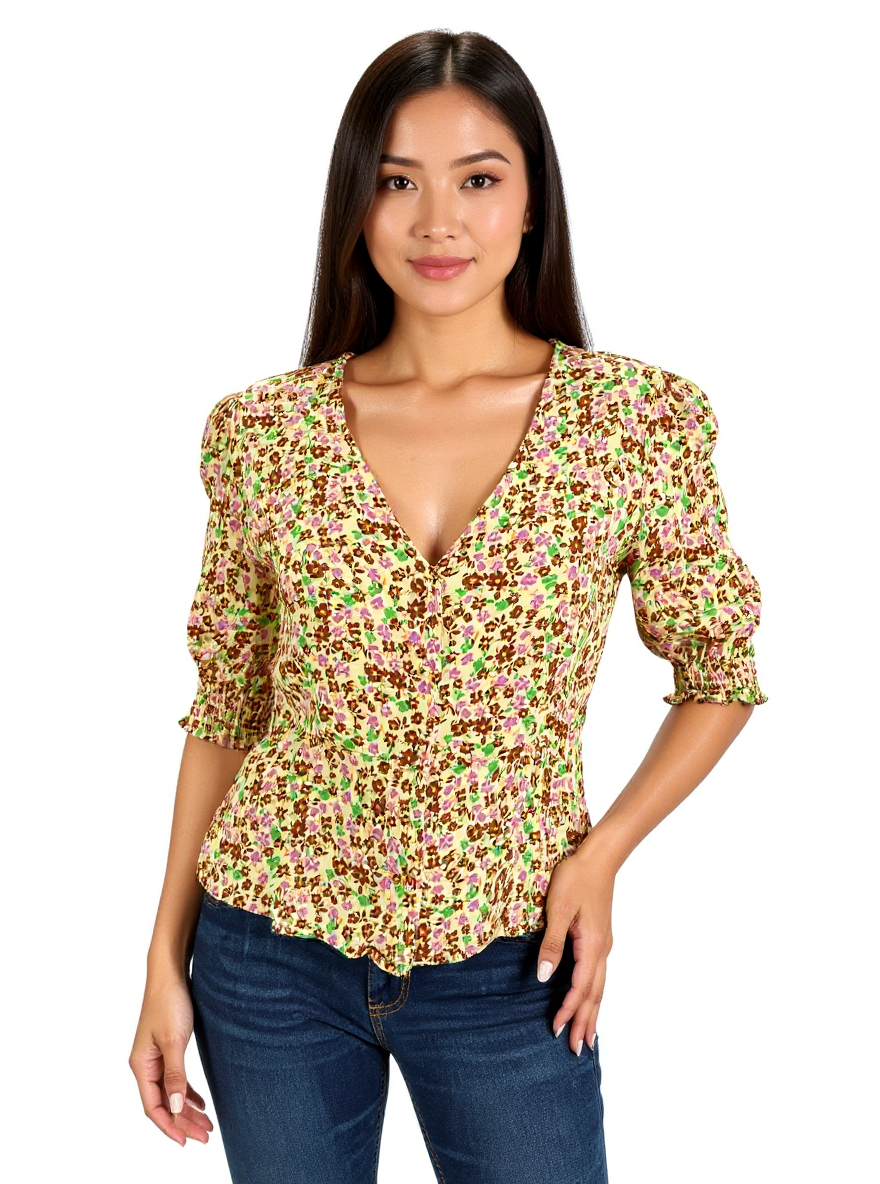 MNG Yellow/Green/Brown Floral Pre-Owned Ladies Top - Size Medium