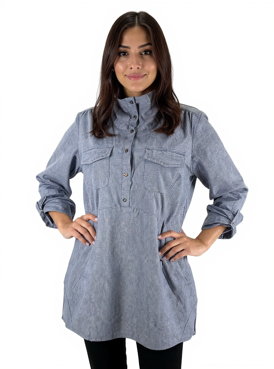 Duluth Trading Co. blue and white striped ladies' shacket in size small, featuring a utility design for outdoor wear.