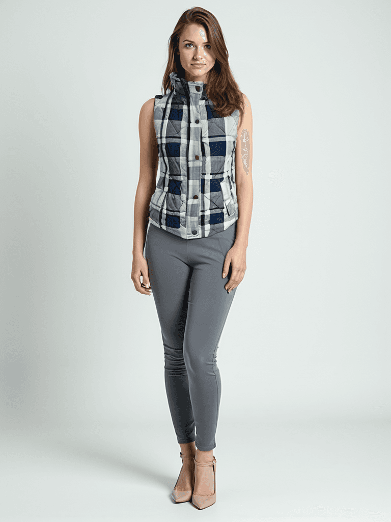 Staccato Vest Size Small in blue and white plaid worn by model, sleeveless quilted outerwear ideal for layering. Available at Margaret’s Fine Consignments.